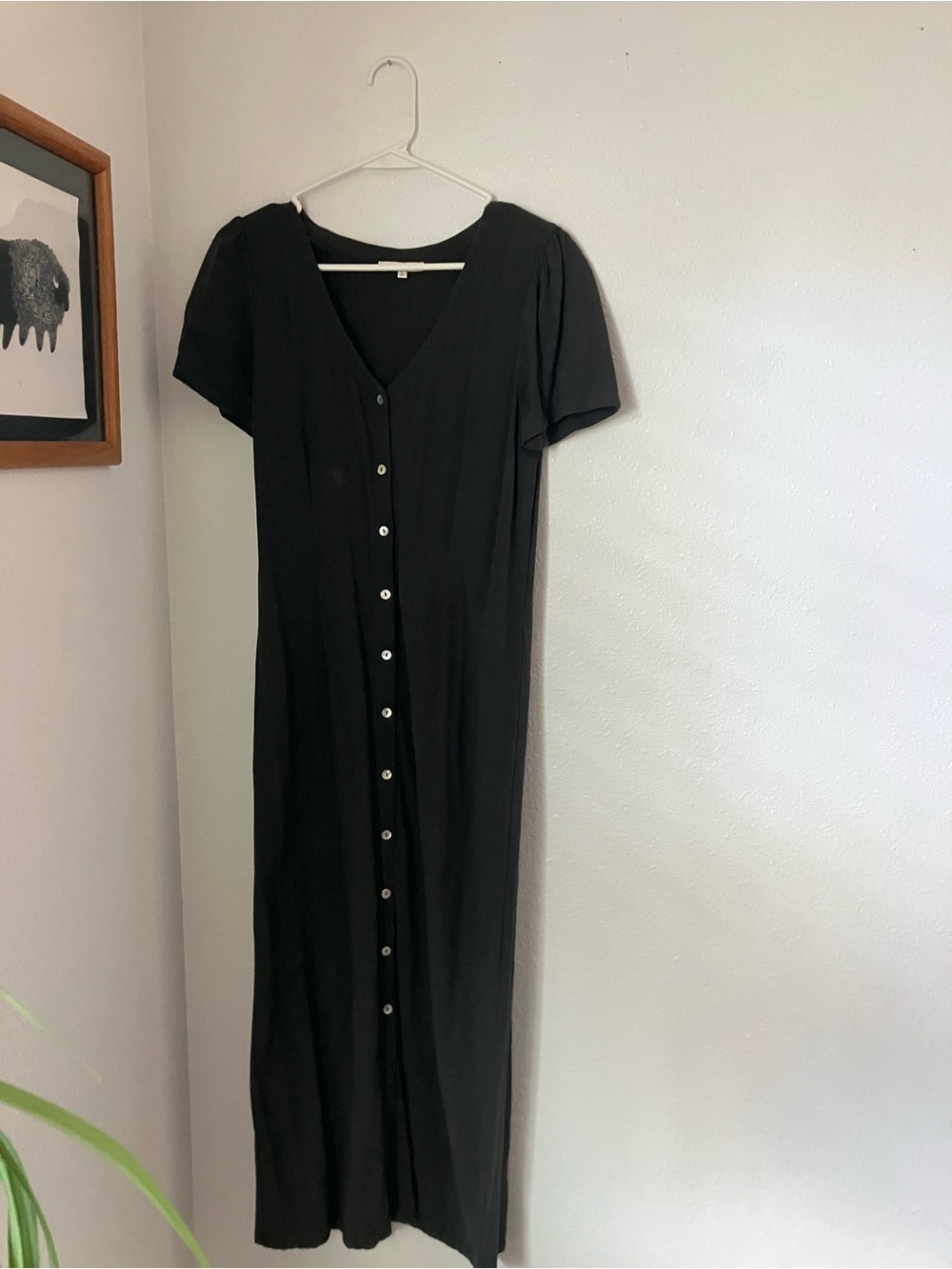 Linen Blend Women's Black Button-Front V-Neck Maxi Dress (S)